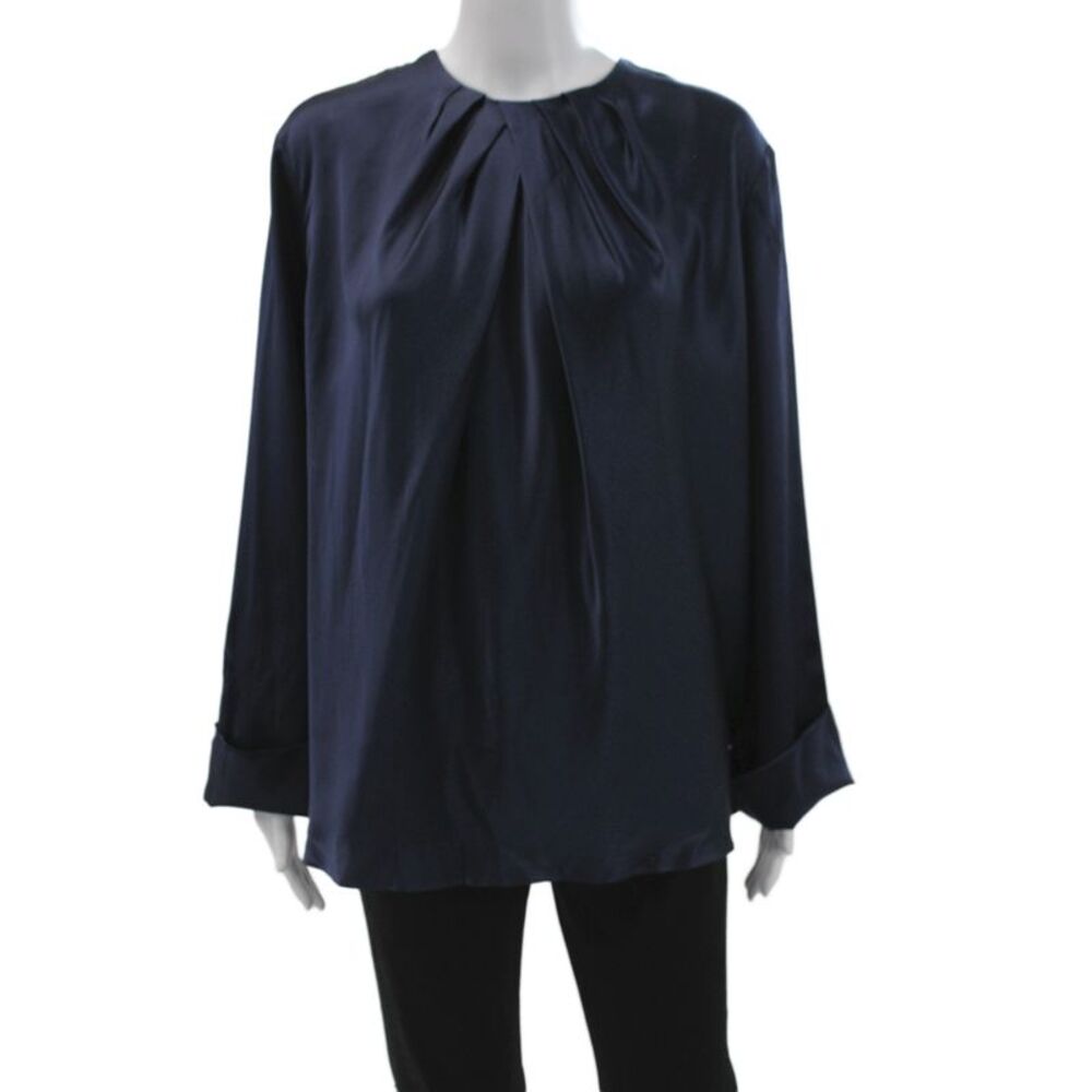 Lily Silk Womens Blue Round Neck Long Sleeve Silk Blouse Size XL